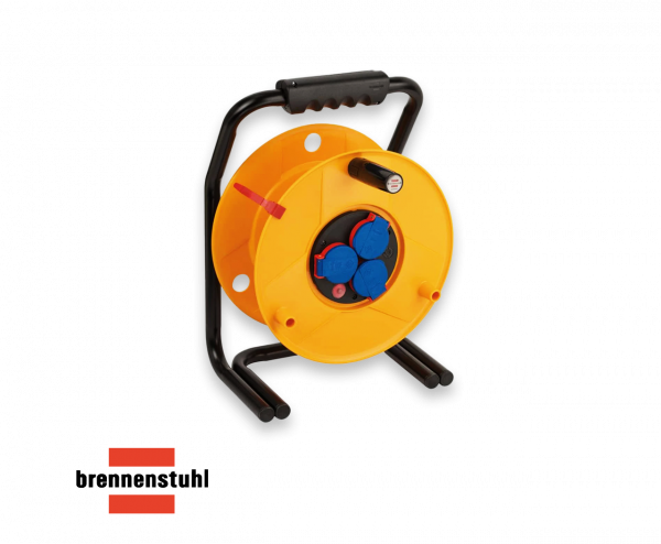 Brobusta enrollacables con cable de 40m H07RN-F 3G1.5 y 3 tomas de corriente, uso profesional en exteriores, IP44